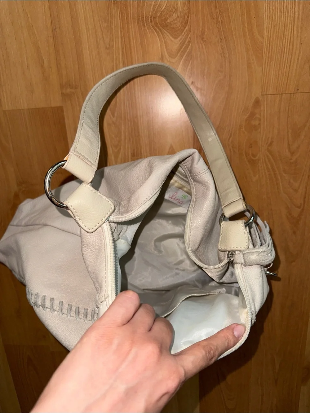 Vintage leather White Stitched Hobo Bag with Tassel
